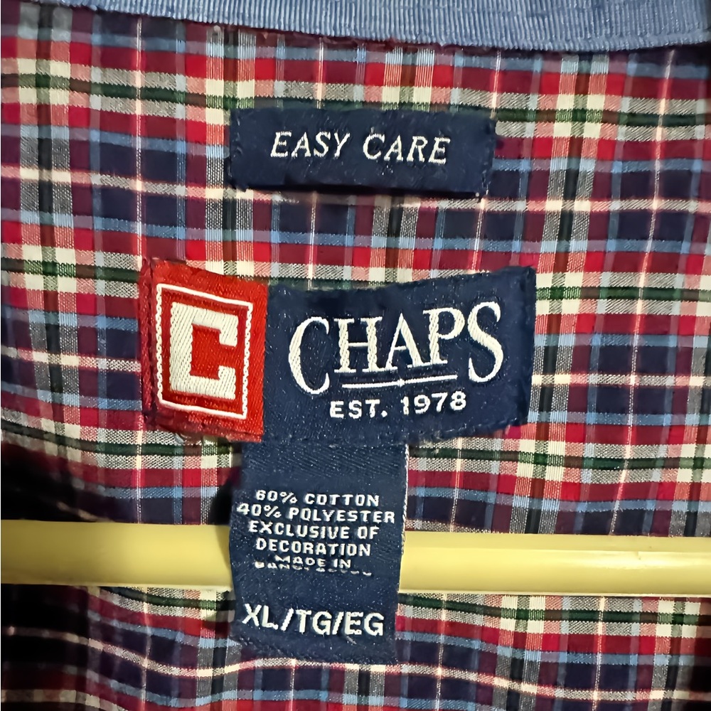 Chaps Mens XL Easy Care Shirt, Button Up Red Blue Plaid Long Sleeve Pocket